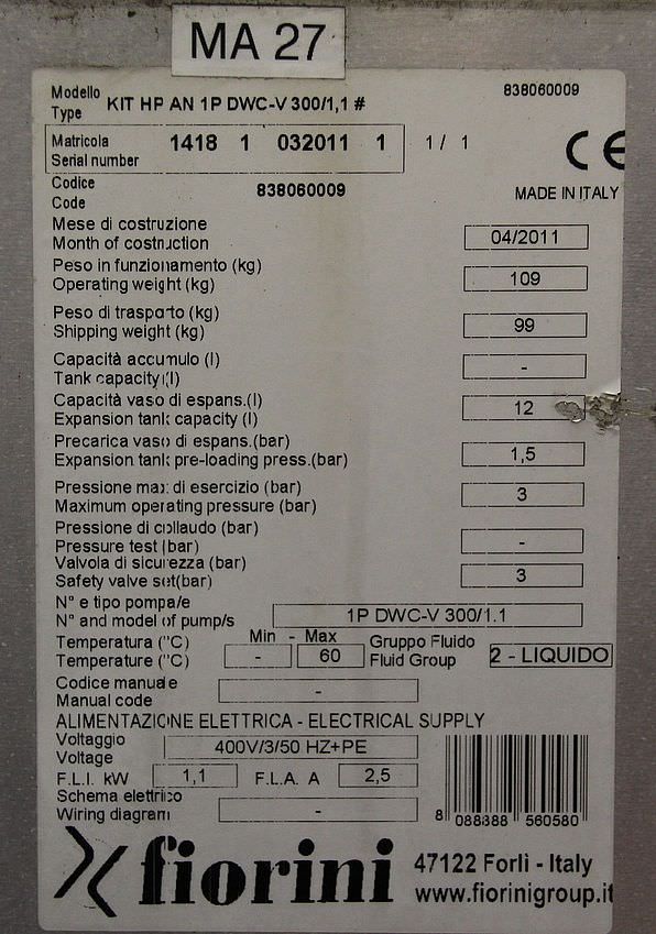 Druckspeicherpumpe von fiorini - KIT HP AN 1P DWC-V300/1,1 – Bild 7