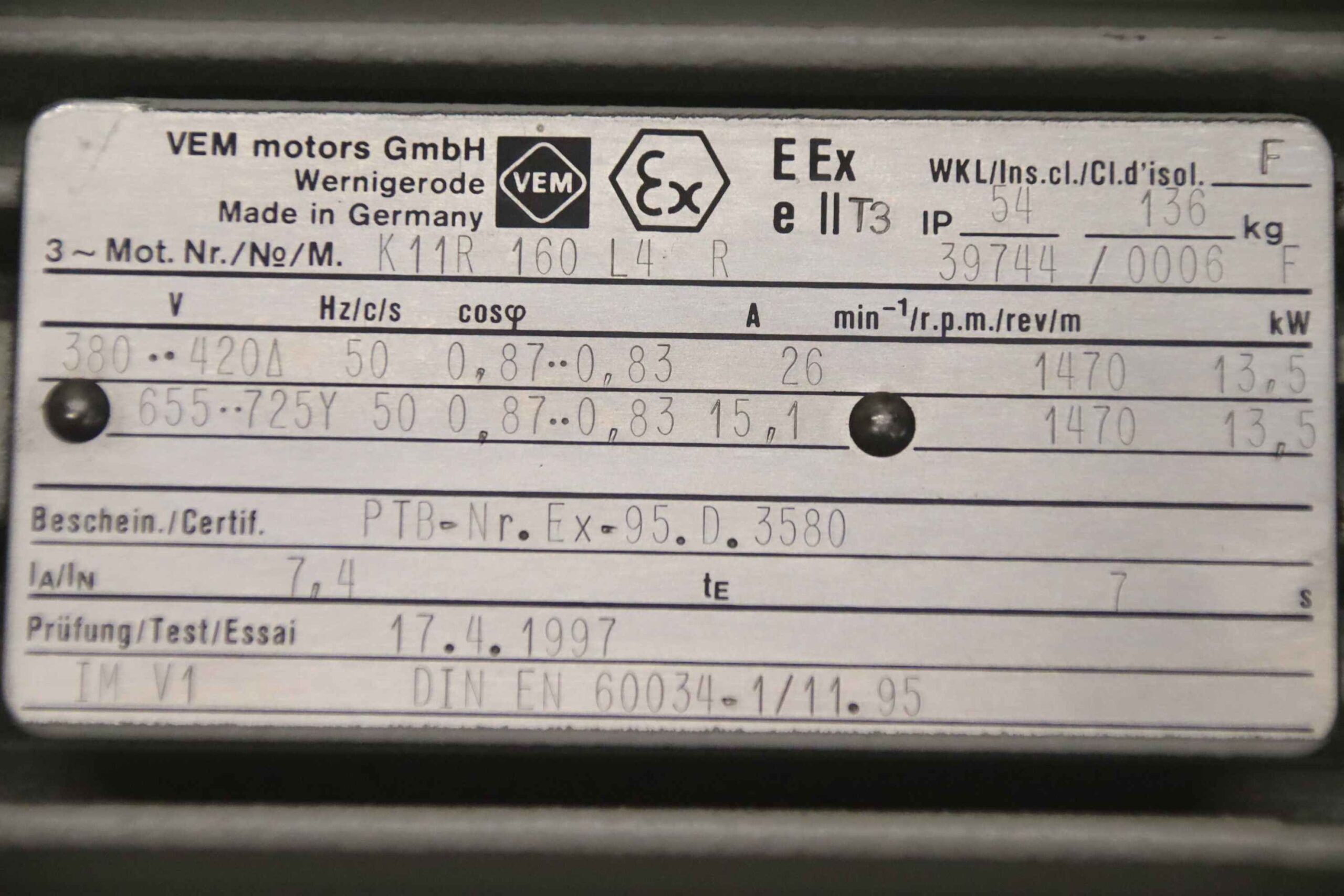 Elektromotor 13,5 kW 1470 U/min von VEM - K11R 160 L4 R Ex-geschützt – Bild 5