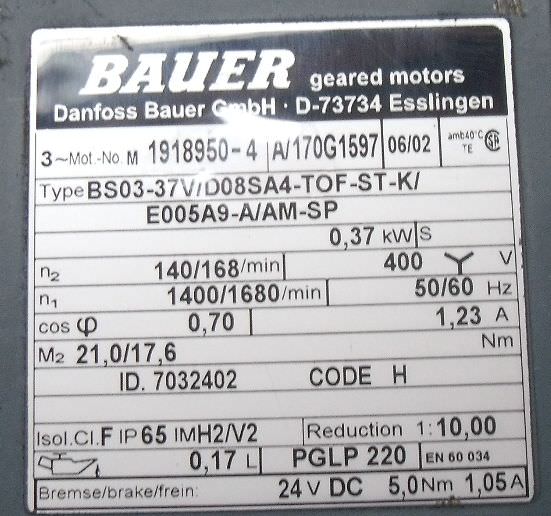 Getriebemotor 0,37 kW 140 U/min von BAUER - BS03-37V/D08SA4-TOF-ST-K – Bild 4